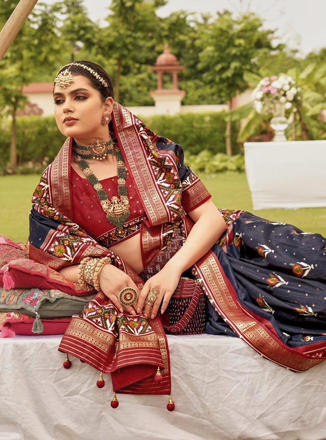 Navy Blue Silk Patola Printed Saree