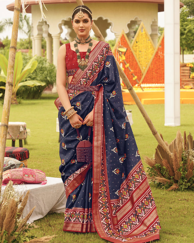 Navy Blue Silk Patola Printed Saree