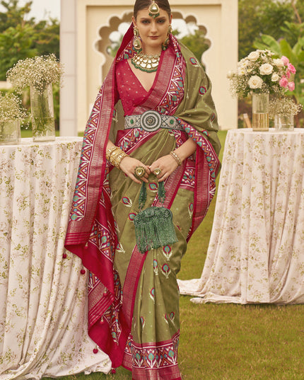 Olive Green Silk Patola Printed Saree