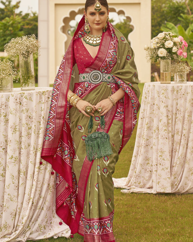 Olive Green Silk Patola Printed Saree