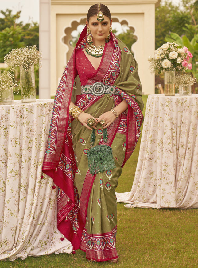 Olive Green Silk Patola Printed Saree
