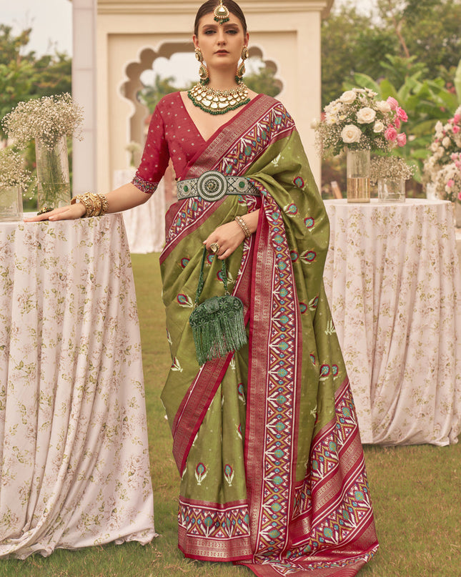 Olive Green Silk Patola Printed Saree