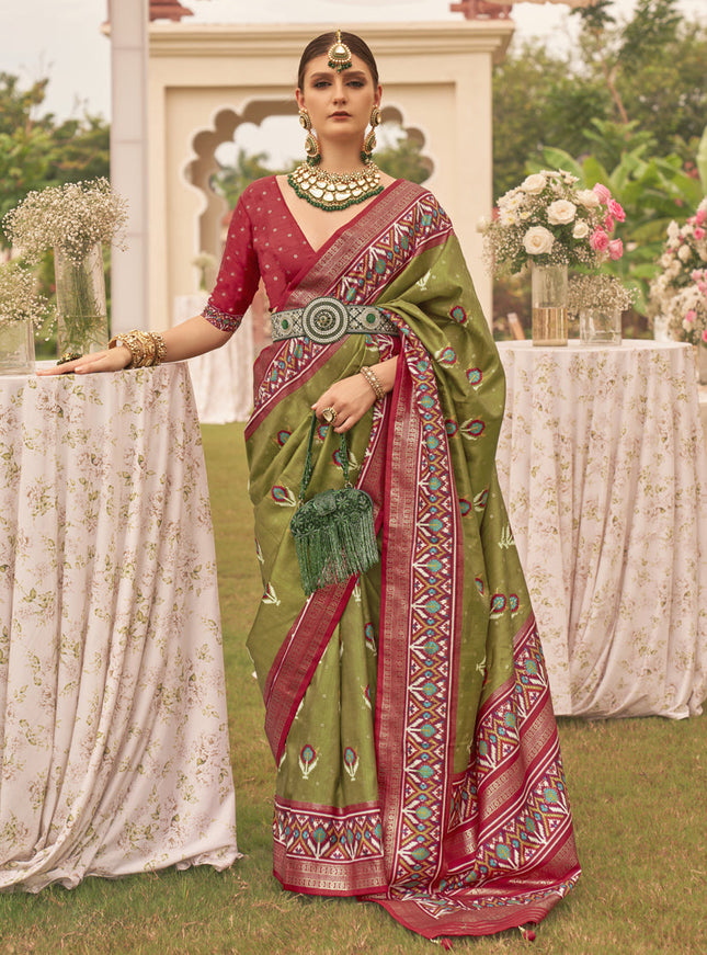 Olive Green Silk Patola Printed Saree