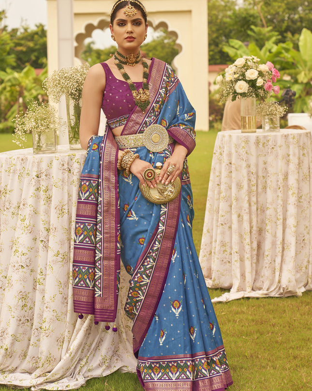 Azure Blue Silk Patola Printed Saree