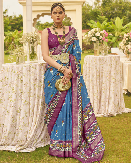Azure Blue Silk Patola Printed Saree