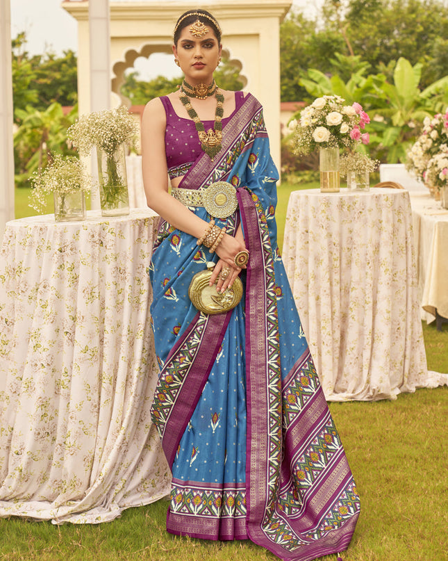 Azure Blue Silk Patola Printed Saree