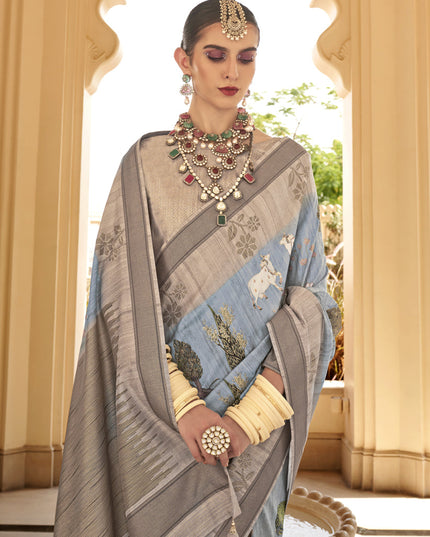 Breeze Blue Raw Silk Bengal Design Saree