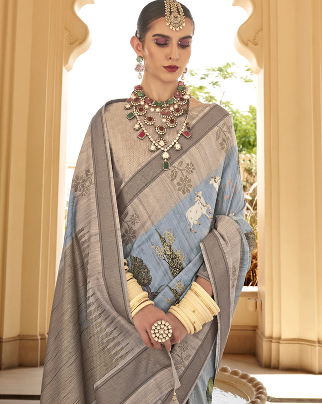 Breeze Blue Raw Silk Bengal Design Saree