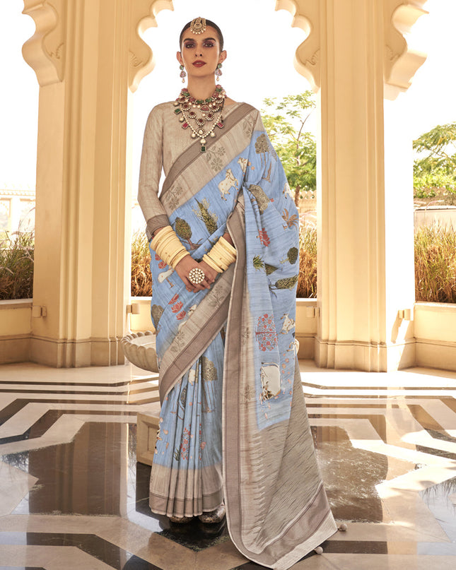 Breeze Blue Raw Silk Bengal Design Saree