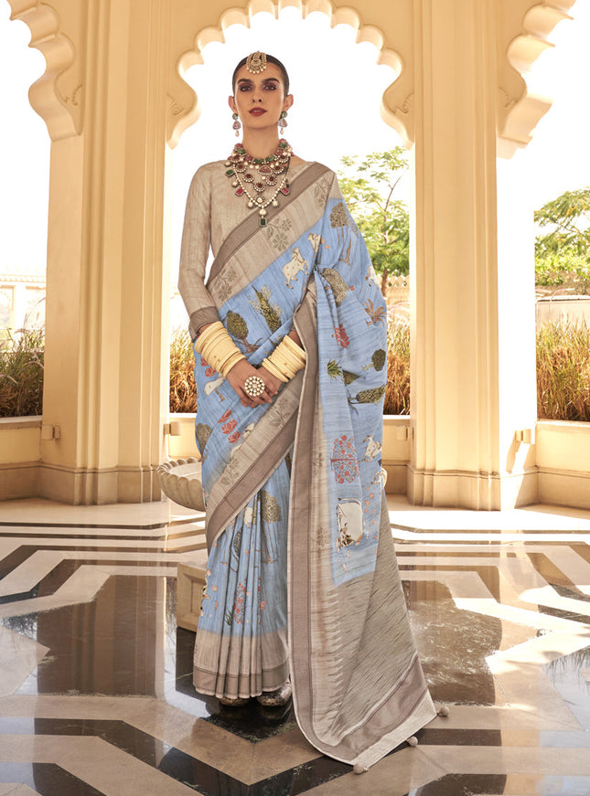 Breeze Blue Raw Silk Bengal Design Saree