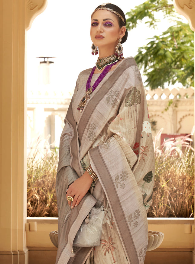 Beige Raw Silk Bengal Design Saree