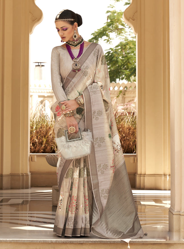 Beige Raw Silk Bengal Design Saree