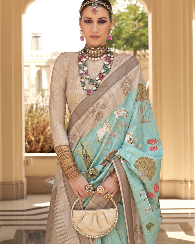 Aqua Mint Raw Silk Bengal Design Saree