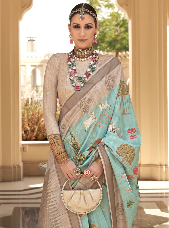 Aqua Mint Raw Silk Bengal Design Saree