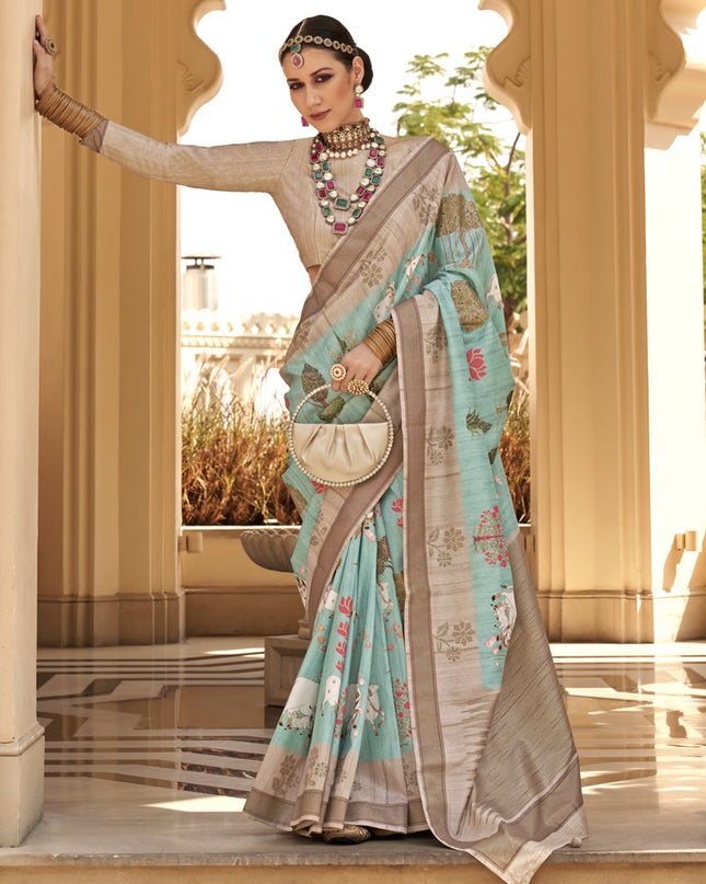 Aqua Mint Raw Silk Bengal Design Saree