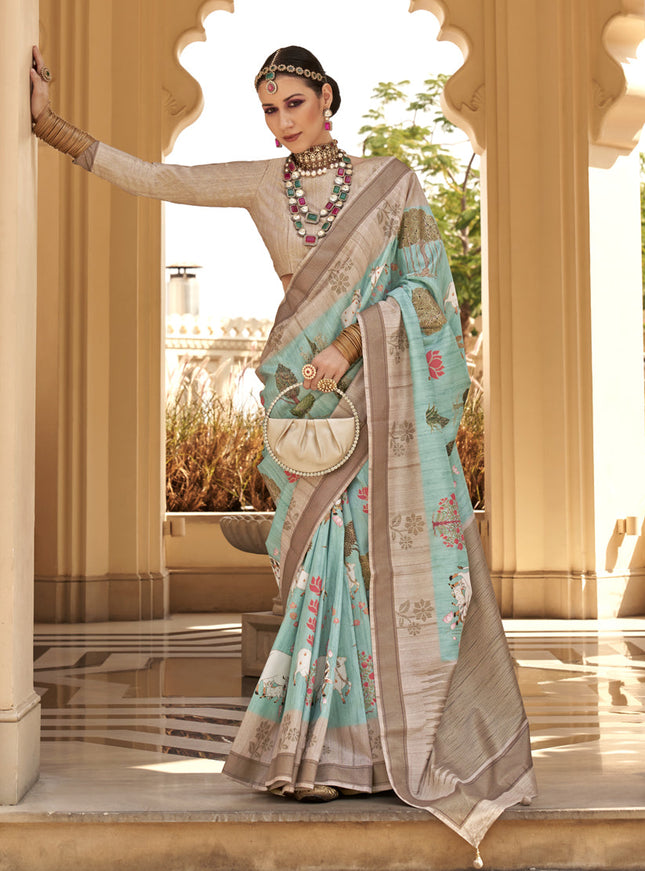 Aqua Mint Raw Silk Bengal Design Saree