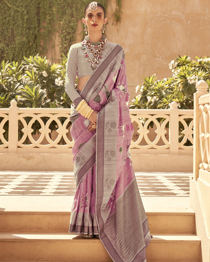 Carnation Pink Raw Silk Bengal Design Saree