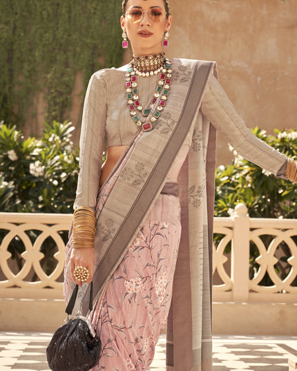 Blush Pink Raw Silk Bengal Design Saree