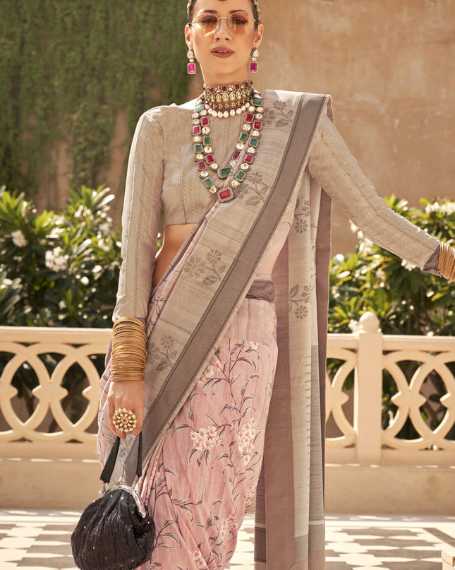 Blush Pink Raw Silk Bengal Design Saree