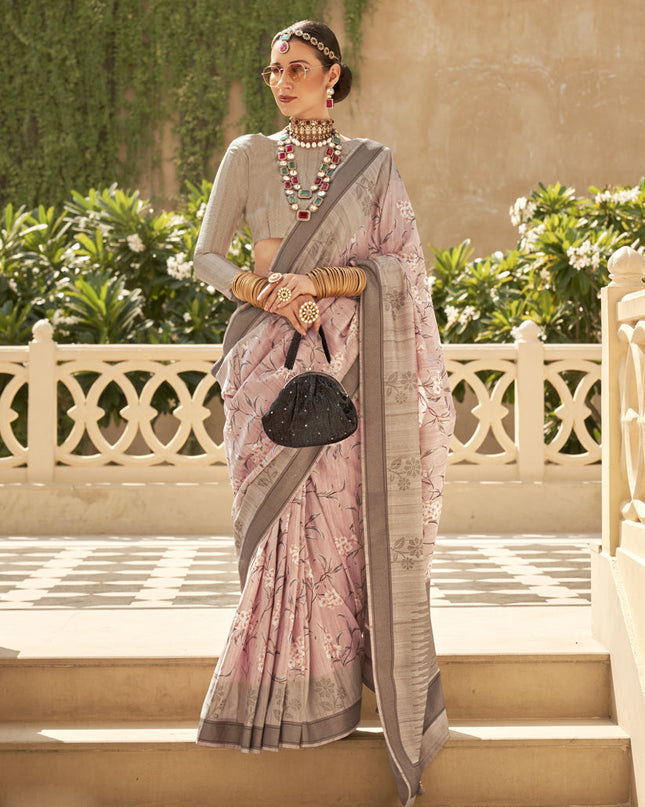 Blush Pink Raw Silk Bengal Design Saree
