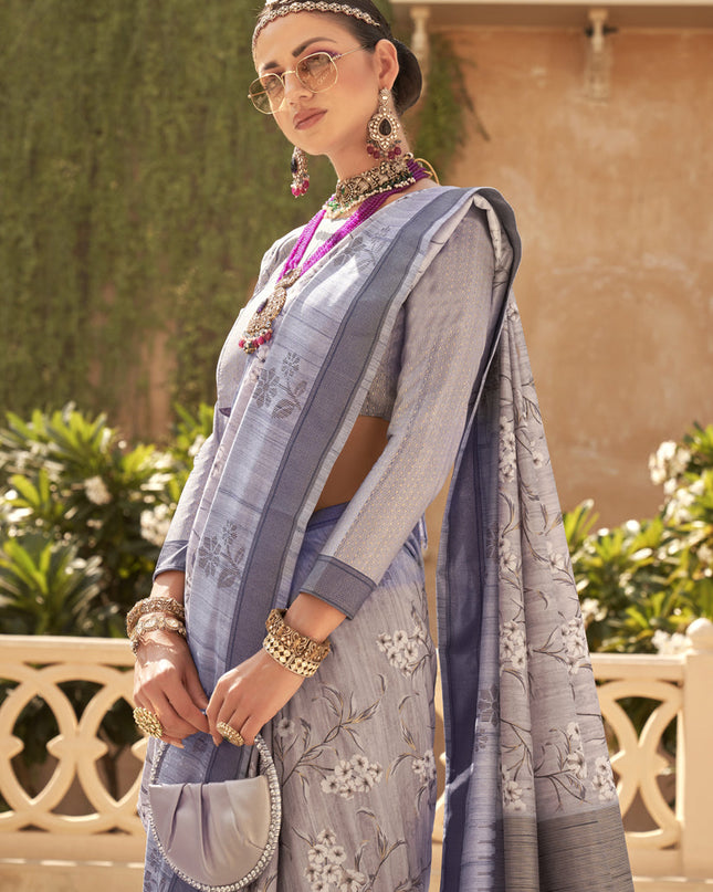 Ash Grey Raw Silk Bengal Design Saree
