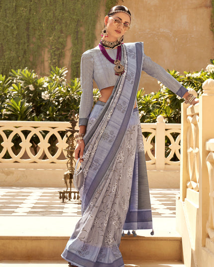 Ash Grey Raw Silk Bengal Design Saree