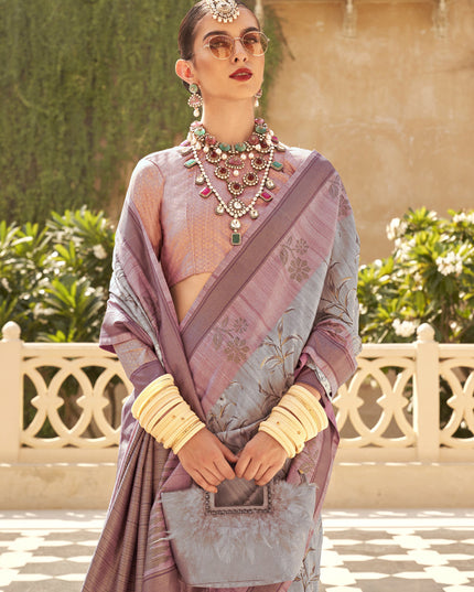Sky Grey Raw Silk Bengal Design Saree