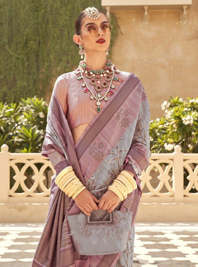 Sky Grey Raw Silk Bengal Design Saree