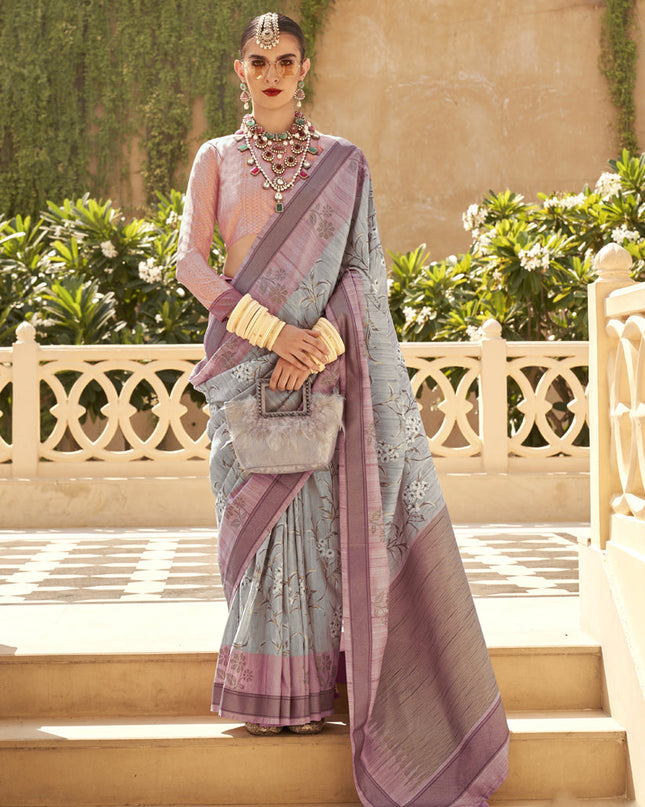 Sky Grey Raw Silk Bengal Design Saree