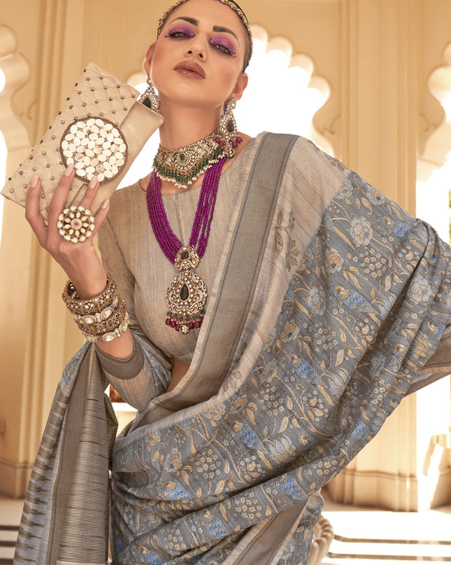 Graphite Grey Raw Silk Bengal Design Saree