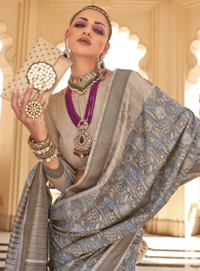 Graphite Grey Raw Silk Bengal Design Saree