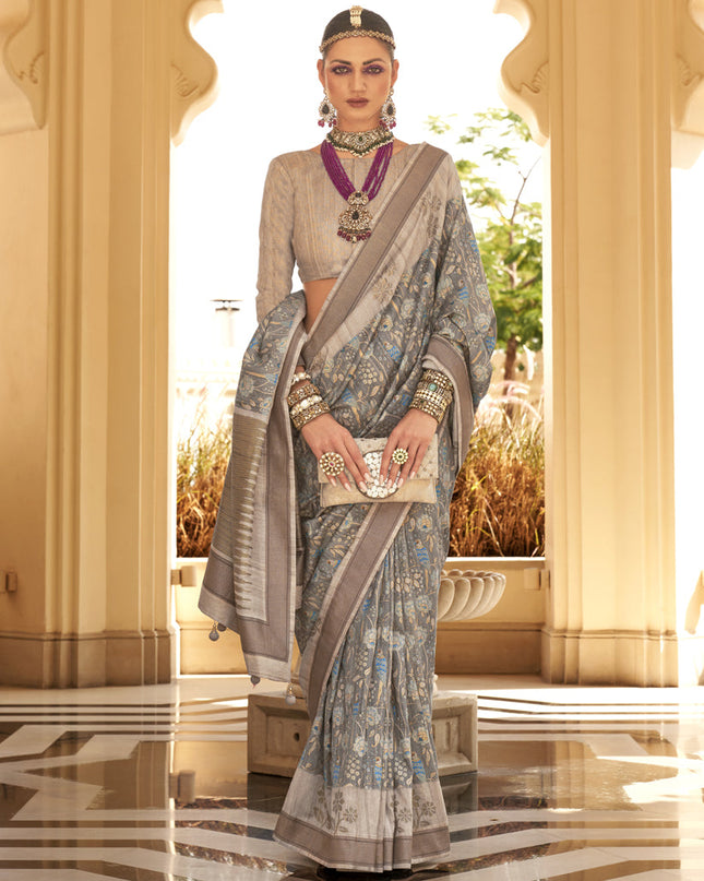 Graphite Grey Raw Silk Bengal Design Saree
