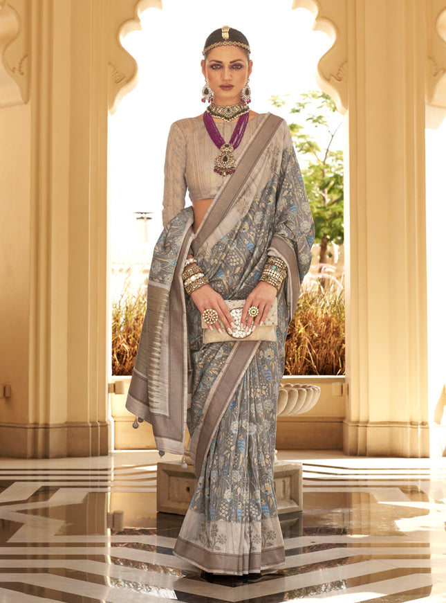 Graphite Grey Raw Silk Bengal Design Saree