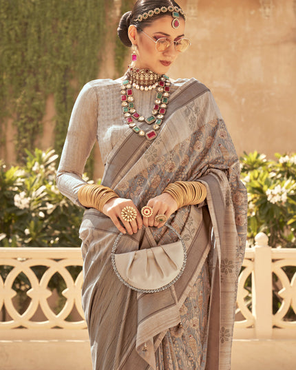 Dusty Grey Raw Silk Bengal Design Saree