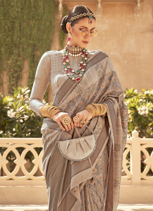 Dusty Grey Raw Silk Bengal Design Saree
