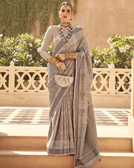 Dusty Grey Raw Silk Bengal Design Saree