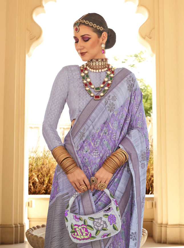 Lilac Raw Silk Bengal Design Saree