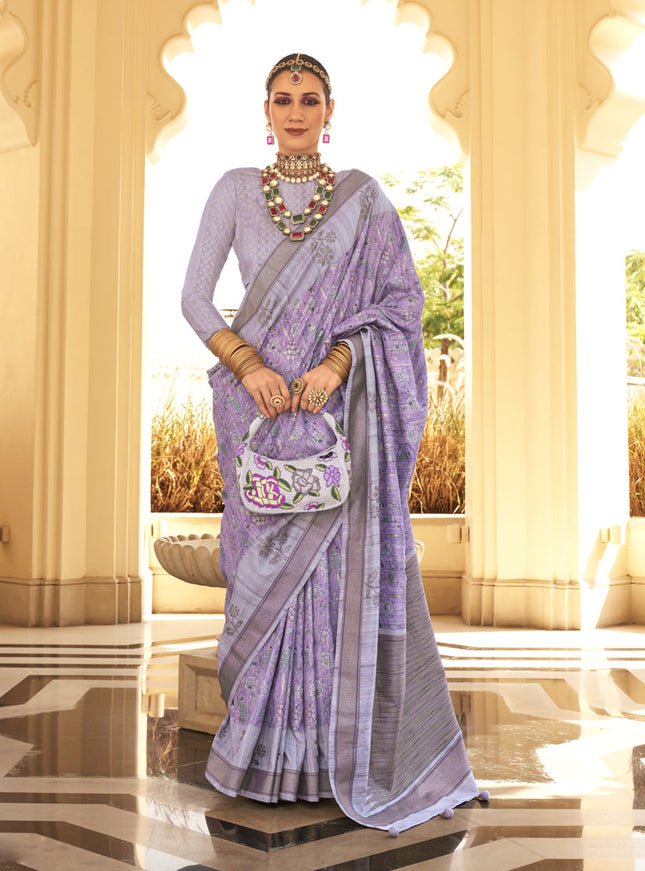 Lilac Raw Silk Bengal Design Saree
