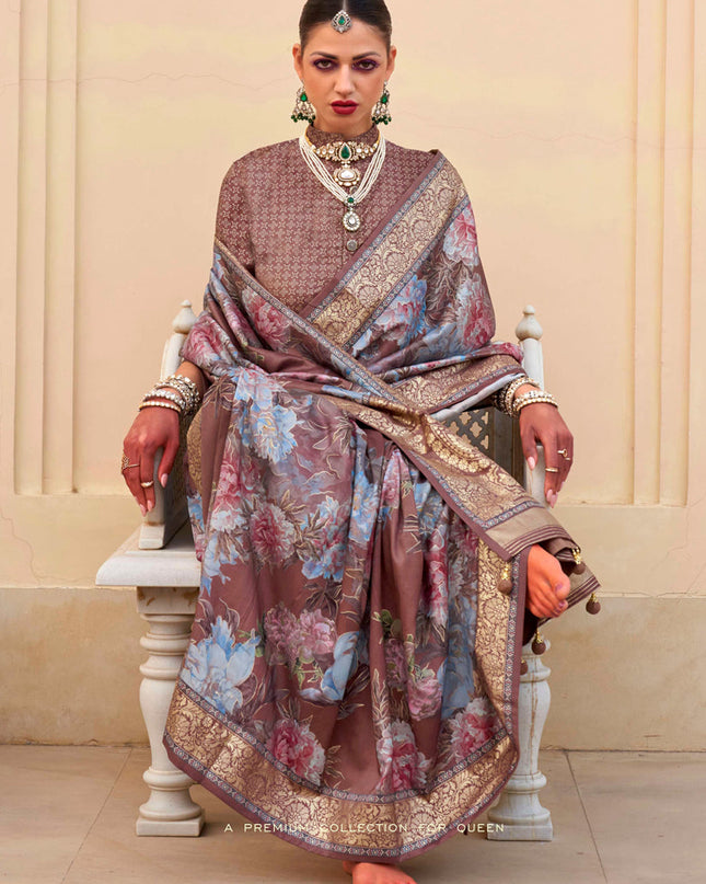 Oak Brown Silk Floral Print Embellished Saree