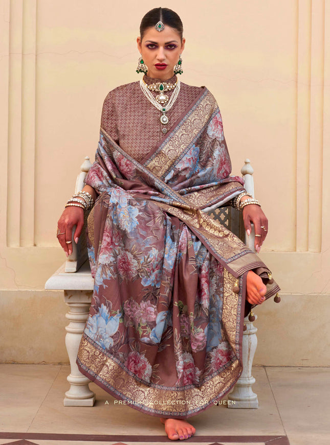 Oak Brown Silk Floral Print Embellished Saree
