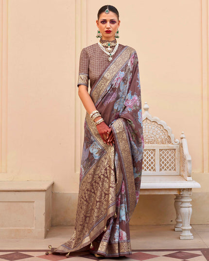 Oak Brown Silk Floral Print Embellished Saree
