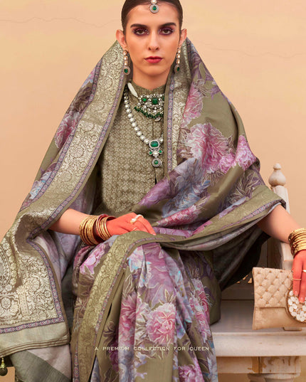 Moss Green Silk Floral Print Embellished Saree