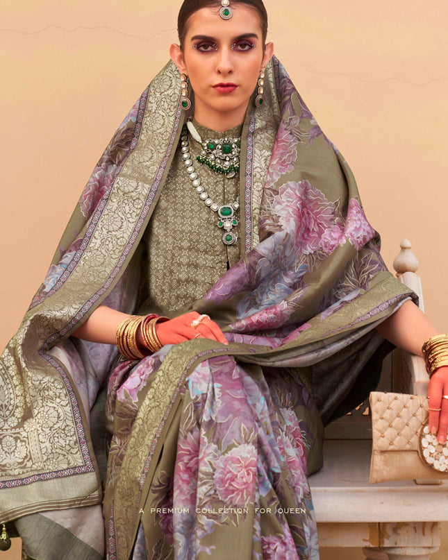 Moss Green Silk Floral Print Embellished Saree