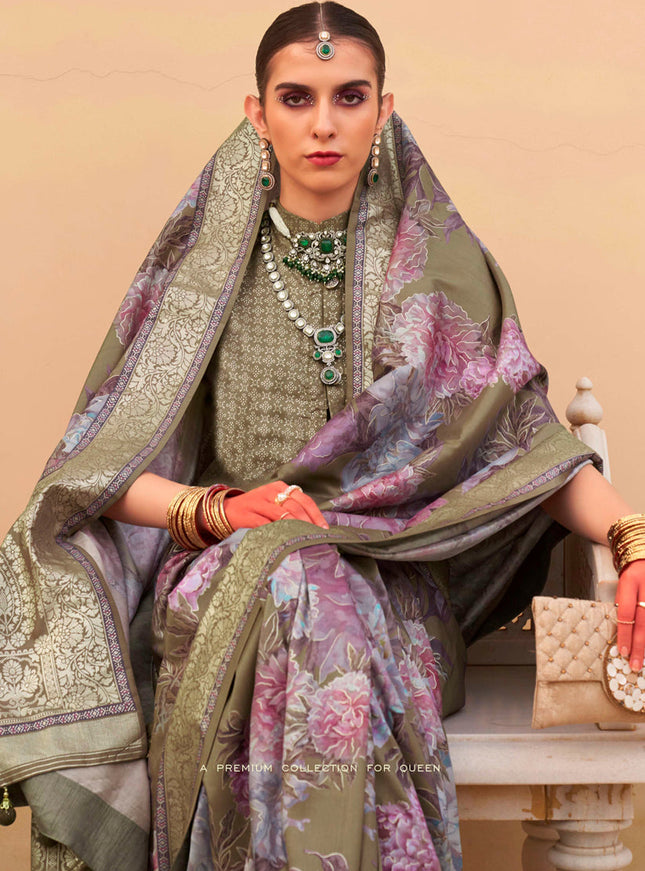 Moss Green Silk Floral Print Embellished Saree