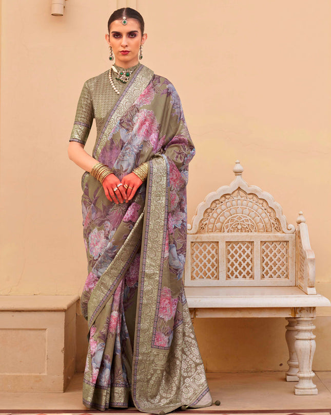 Moss Green Silk Floral Print Embellished Saree