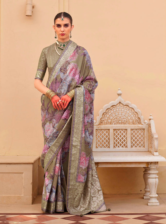 Moss Green Silk Floral Print Embellished Saree