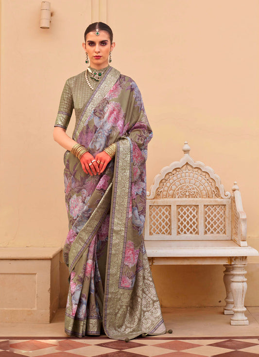 Moss Green Silk Floral Print Embellished Saree