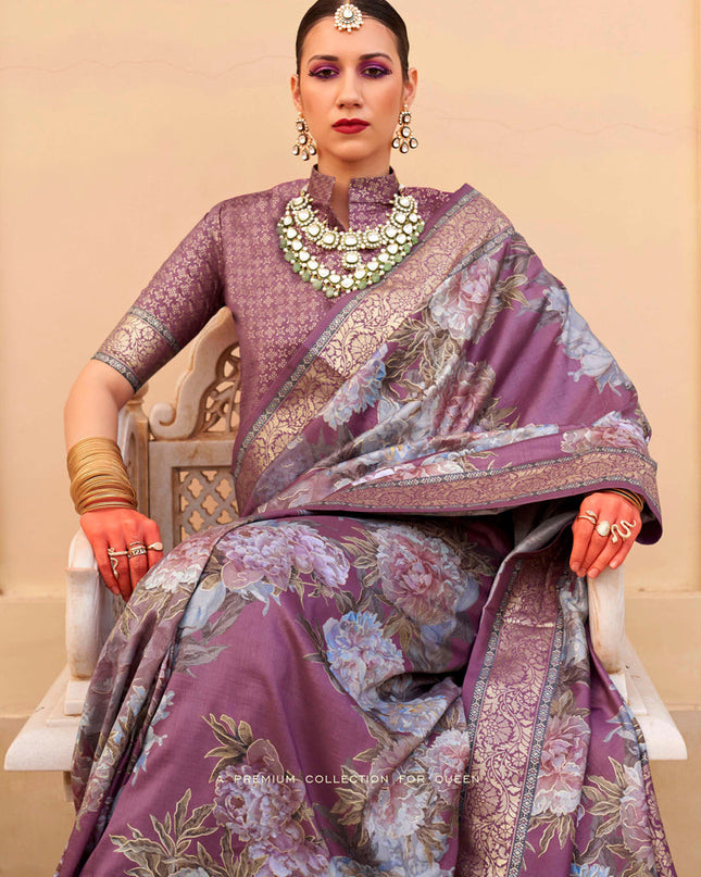 Dusty Mgenta Silk Floral Print Embellished Saree