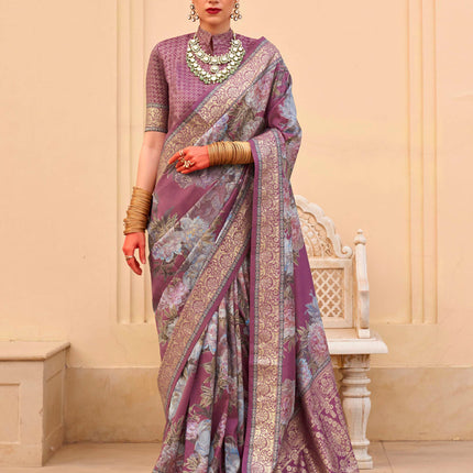 Dusty Mgenta Silk Floral Print Embellished Saree
