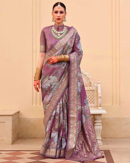 Dusty Mgenta Silk Floral Print Embellished Saree